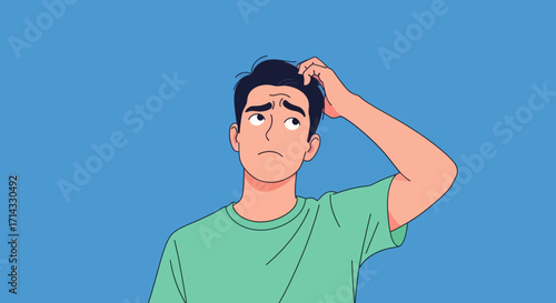 A confused young man scratches his head, looking up while thinking. Vector concept illustration of a person with a problem, question, doubt, or forgetfulness