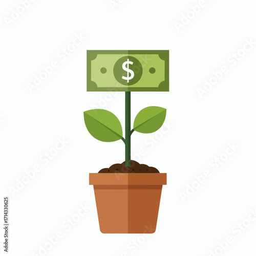 Conceptual flat design illustration of a money plant growing in a pot, representing business growth, savings, and return on investment