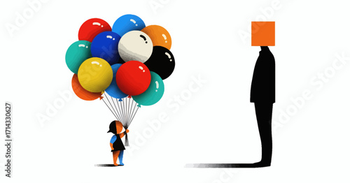 Conceptual illustration of individuality versus conformity, showing a child with colorful balloons facing a rigid figure with a box head
