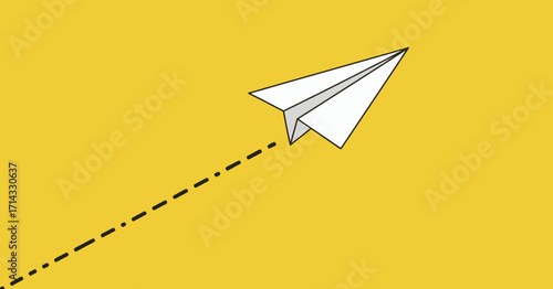 White paper airplane in flight, symbolizing a journey of creativity and ambition towards success on a yellow background