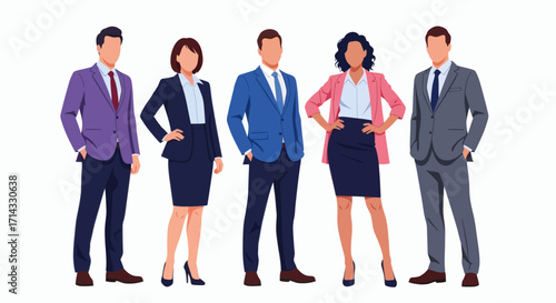 A diverse group of business professionals in formal suits standing together. Vector illustration representing teamwork, corporate success, and confident leadership
