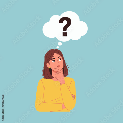 Pensive young woman looking up with a thoughtful expression, a question mark in a speech bubble symbolizing confusion, curiosity, and problem-solving