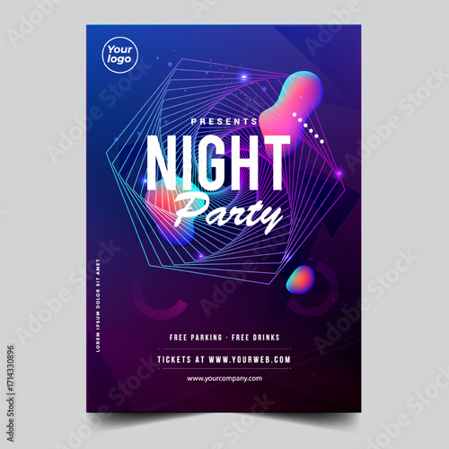 Night dance party music night poster template. Electro style concert disco club party event flyer invitation