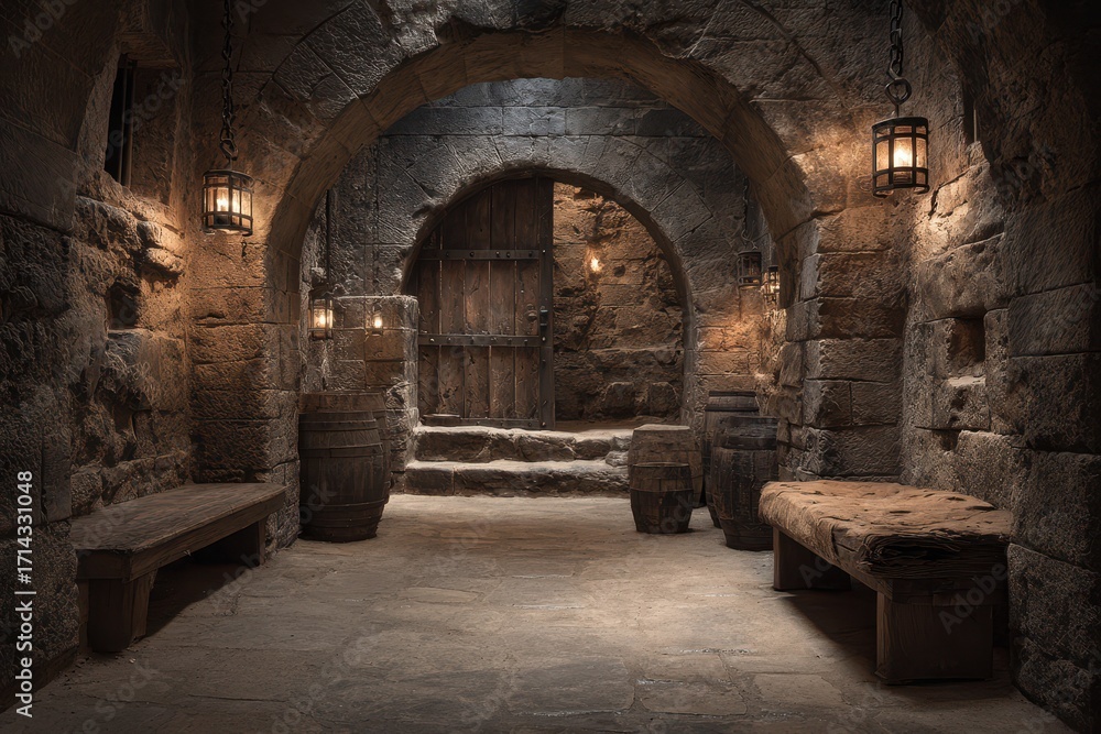 Fototapeta premium Medieval castle cellar with lanterns