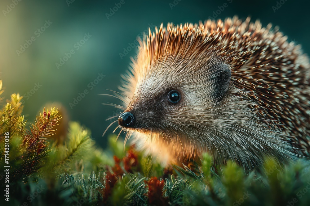 Fototapeta premium Small hedgehog exploring a vibrant forest floor