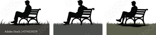Man sitting on park bench silhouette vector illustration. Relaxed male silhouette sitting outdoors on bench design.