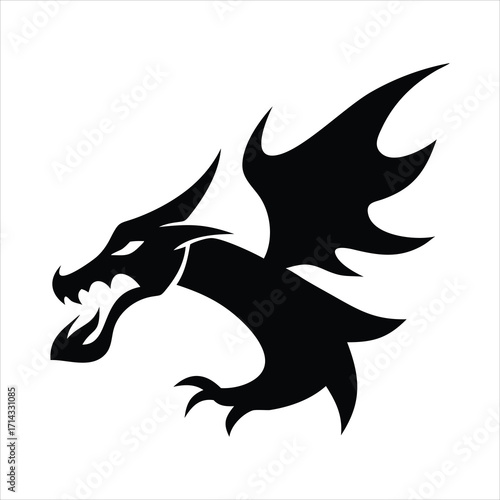 Stylized black dragon silhouette with wings and fire breath