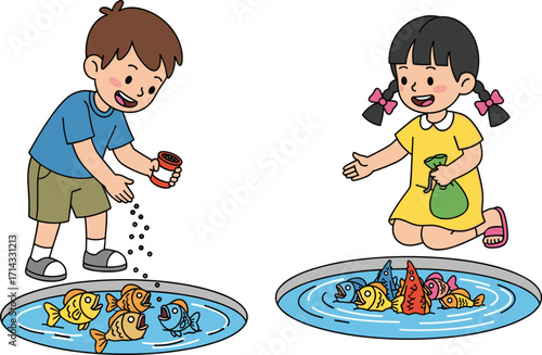 Children feeding fish in cartoon illustration, boy and girl with colorful fish, playful activity, aquatic learning, responsibility, nature, education, fun