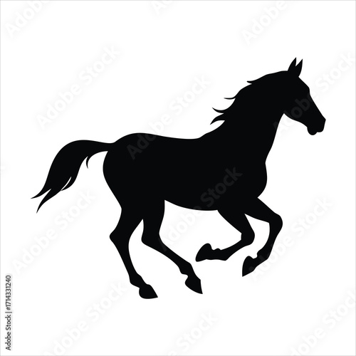 Black silhouette of a horse running on a white background
