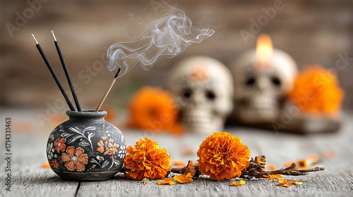Decorative elements for Day of the Dead celebration. Orange marigold flowers, incense holder with smoke, and Calaveras skulls in the background.