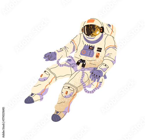 Astronaut in spacesuit, helmet flies in outer space. Spaceman is flying in zero gravity. Cosmonaut is falling down in galaxy, weightlessness. Flat isolated vector illustration on white background