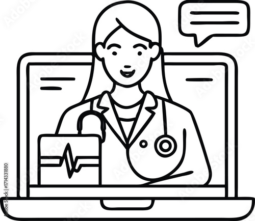 Doctor consultation via laptop screen with ekg display and speech bubble icon vector