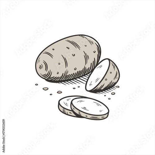 Hand drawn illustration of a whole potato with slices and a half potato