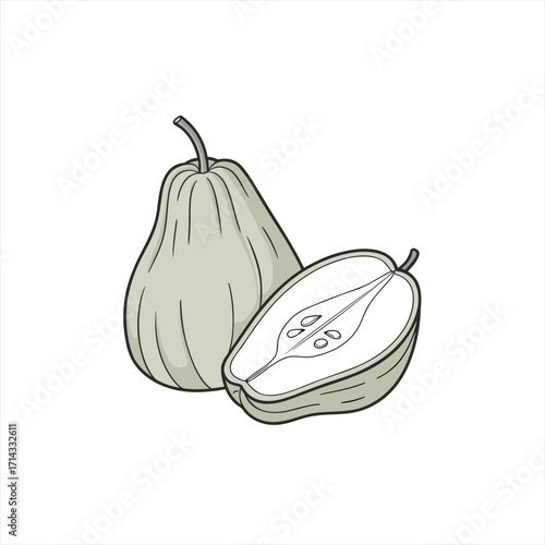 Illustration of a whole pear and a halved pear showing seeds