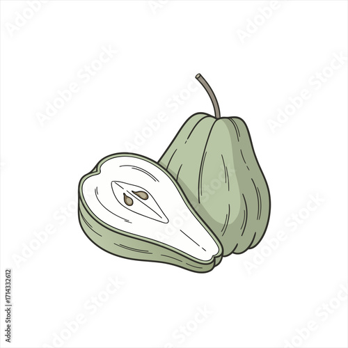 Illustration of a whole and halved green quince fruit with seeds