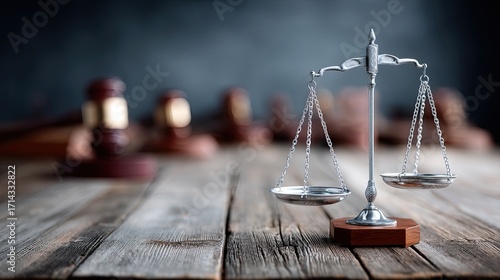 Silver Justice Scales Gavel Set on Rustic Wooden Table in Dark Background for Law and Legal Concept Still Life