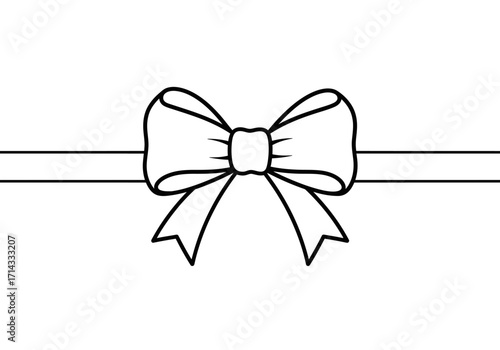 A black and white line drawing of a bow tied on a ribbon