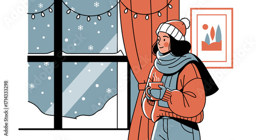 A young woman in cozy winter attire sips a warm drink, gazing thoughtfully at the falling snow outside her window, illuminated by festive string lights.