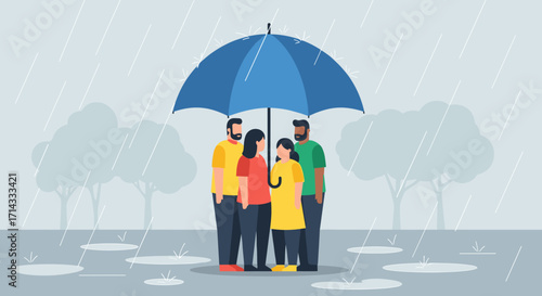 People gather under a large blue umbrella, illustrating themes of protection, security, and communal support amidst a rainy outdoor environment.