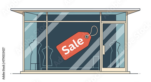 A modern storefront featuring a prominent red 'Sale' tag in its large glass window, signaling attractive discounts and commercial opportunities for shoppers.