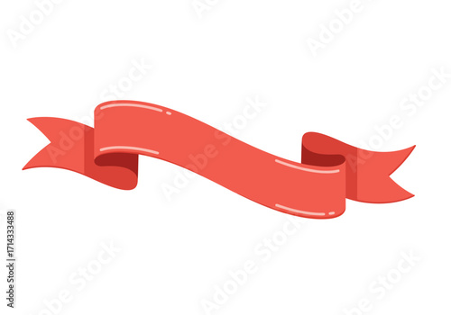 A red ribbon banner with pointed ends and curled sections
