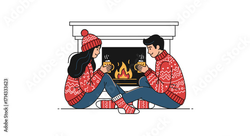 A cozy couple wearing festive sweaters enjoys warm drinks by a crackling fireplace, celebrating the winter holidays with love and comfort.