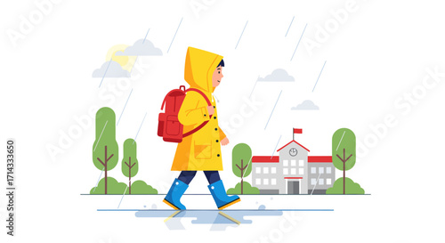 A determined young student in a bright yellow raincoat and red backpack walks through puddles towards school on a rainy day, showcasing resilience.