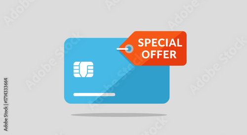 A vibrant blue credit card featuring an orange 'special offer' tag, symbolizing exclusive discounts and financial saving opportunities for consumers.