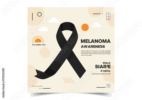 Melanoma awareness poster featuring a black ribbon text and abstract shapes
