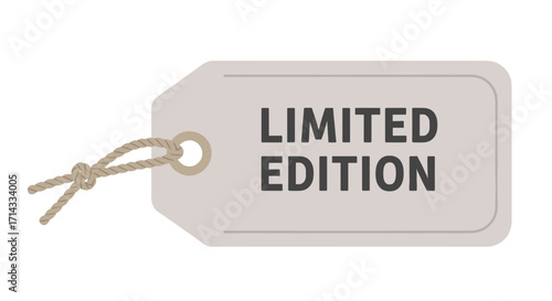 A clean, modern vector illustration of a beige limited edition product tag with dark gray text and a natural rope knot, isolated on a white background.