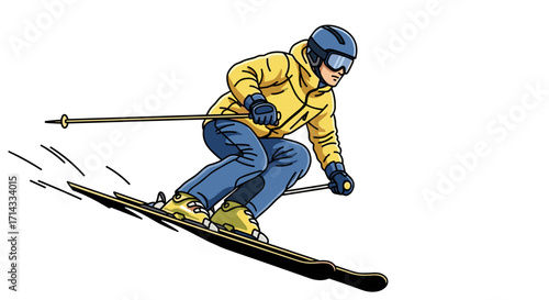 A dynamic illustration portrays an active male skier, clad in a yellow jacket and blue pants, skillfully descending a snowy slope with speed and precision.