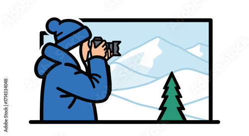 A person in warm winter clothing photographs a stunning snowy mountain landscape with a digital camera, capturing the beauty of nature.