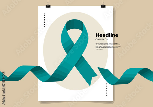 Poster with teal ribbon headline and text on beige background