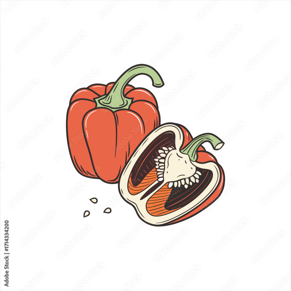 Obraz premium Red bell pepper whole and halved with seeds illustration