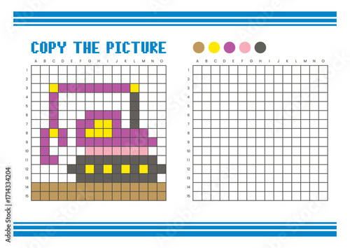 Copy the picture grid drawing worksheet for kids. Pixel art grapple excavator