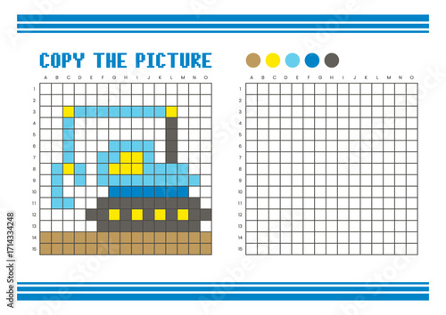 Copy the picture grid drawing worksheet for kids. Pixel art grapple excavator