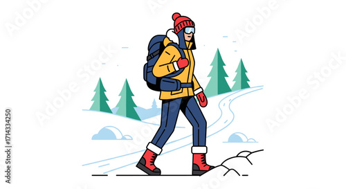 A determined hiker wearing warm winter clothing and a backpack walks through a serene snowy forest landscape, embodying adventure and exploration.