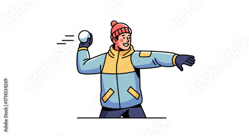 A cheerful individual wearing warm winter attire enthusiastically hurls a snowball, engaging in a delightful outdoor activity during the frosty season.