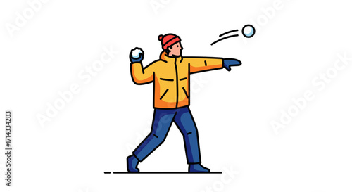 A cheerful man wearing warm winter clothing actively throws a snowball with enthusiasm, enjoying a playful outdoor cold weather activity.