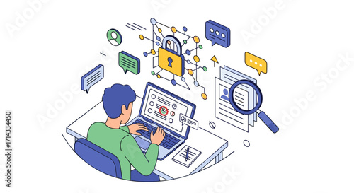 An individual diligently manages online security and safeguards personal data on a laptop, surrounded by cyber protection concepts and digital privacy.