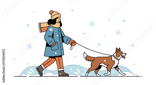 A cheerful woman bundled in warm winter clothing enjoys a peaceful outdoor stroll with her loyal canine companion through a snowy landscape.