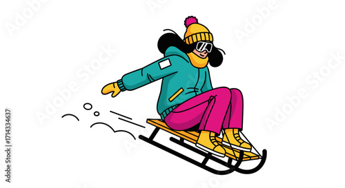 A cheerful person enjoys the thrill of sledding down a snowy slope, captured in a vibrant, modern vector illustration.