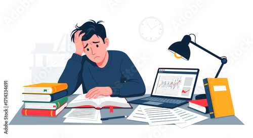 A young man feels completely overwhelmed and exhausted while intensely studying at his cluttered desk, struggling with academic pressure and burnout.
