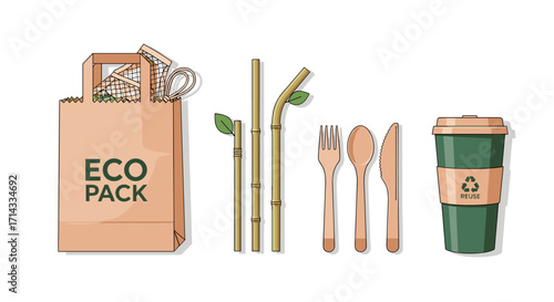 A vibrant illustration presents a diverse collection of sustainable eco-friendly packaging, reusable cups, and natural bamboo cutlery, promoting a greener lifestyle.