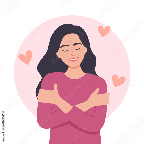 A gir hugs a heart. Spring tender illustration. Feeling self love, bliss, harmony, positive emotion. Happy calm peaceful girl volunteer. Care, humanity, selfhelp and peace concept.