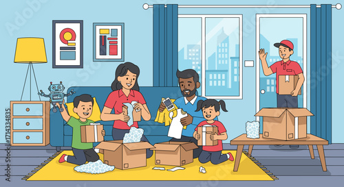 A joyful family unpacks their belongings in a bright, modern living room while receiving a new delivery, symbolizing a fresh start and comfortable domestic life.