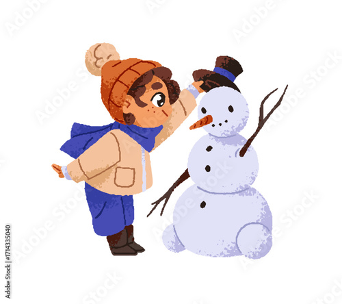 Happy kid makes, builds cute snowman. Little girl is shaping sculpture from snow in winter. Child in outerwear plays, has fun in Christmas holiday. Flat isolated drawing vector illustration on white