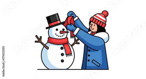 A happy person enjoys the festive winter season, adorning a classic snowman with a vibrant red scarf, embodying holiday spirit and outdoor fun.