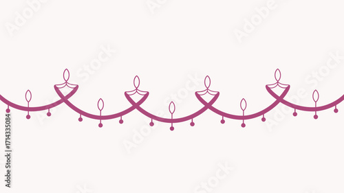 A decorative border with repeating magenta shapes and small beads on a light pink background color scheme
