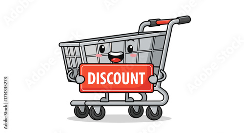 A cheerful cartoon shopping cart character happily presents a vibrant red discount sign, symbolizing online sales and promotional offers.